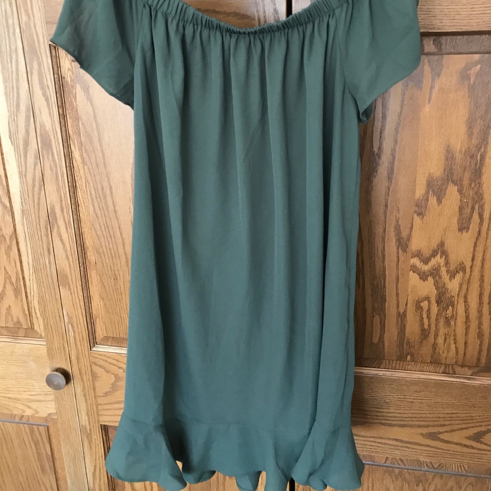Olive green, flowy off the shoulder dress!